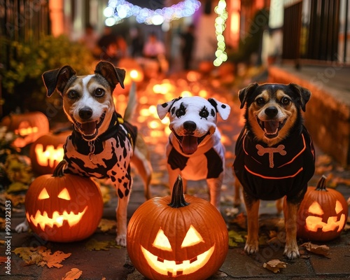 Eerie Halloween pet parade through a historic American town dogs dressed as ghosts and skeletons photo