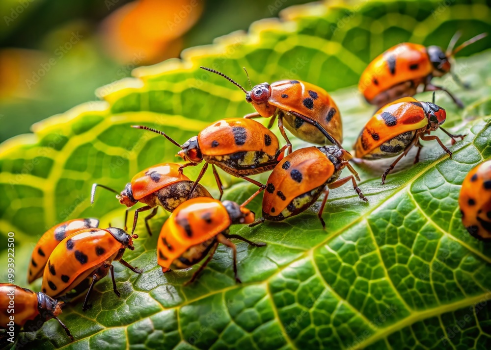 Fototapeta premium Close-Up of Little Orange Bugs Crawling on Green Leaf in Natural Habitat Under Bright Sunlight