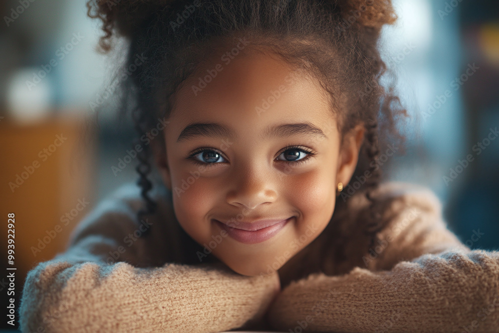 Adorable Smiling Black African American Afro-American Girl Child Kid Elementary School Age, Happy and Cheerful, Chin on Her Arms, Close-up Portrait Adorable Smiling Black African American Afro-American Girl Child Kid Elementary School Age, Happy and Cheerful, Chin on Her Arms, Close-up Portrait