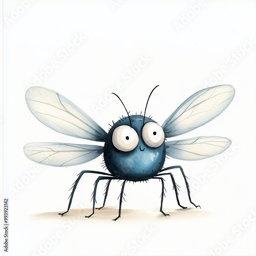 A cartoon-style blue fly with large eyes and wings posing on a light background