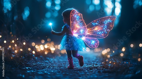 Enchanted Child with Magical Butterfly Wings at Night photo