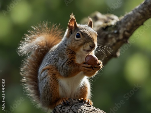 Squirrel holding a nut on a branch in spring or summer.