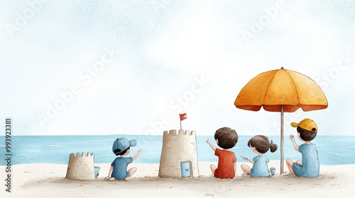 Children building sandcastles on a beach, enjoying a sunny day. photo