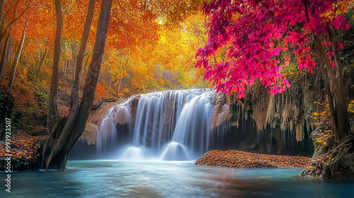 Small waterfall flowing into river surrounded  Waterfall autumn deep forest scenic natural sunlight
