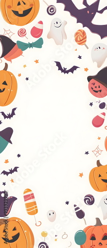 Halloween vector card, featuring a group of kawaii-style characters: tiny pumpkins, cute witches, and smiling black cats, framed by soft pastel colors. Minimalist style, room for text in the center