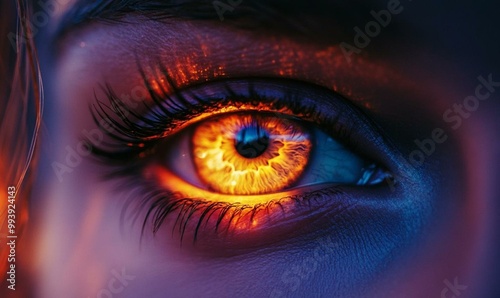 Close-up of an illuminated human eye with intense fiery colors and detailed iris texture.