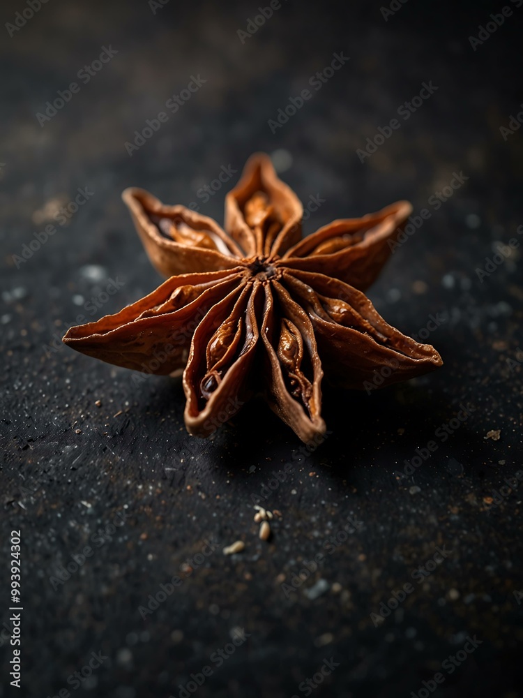 Star anise spice showcased prominently on a dark background. Star anise spice showcased prominently on a dark background.