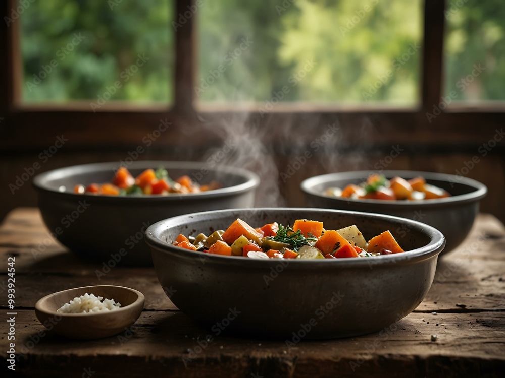 Steaming vegetable stew bowls on a rustic table. Steaming vegetable stew bowls on a rustic table.