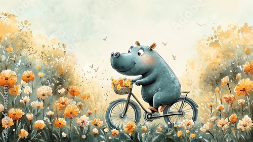 Cute hippo riding a bicycle through a flowerfilled meadow, Watercolor style photo