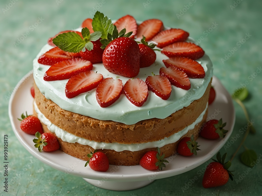 Strawberry cake with cream and mint leaves.