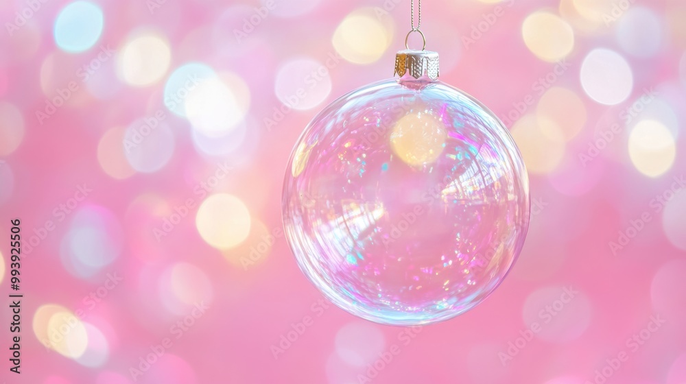 Elegant glass ornament hanging against a soft pink bokeh background