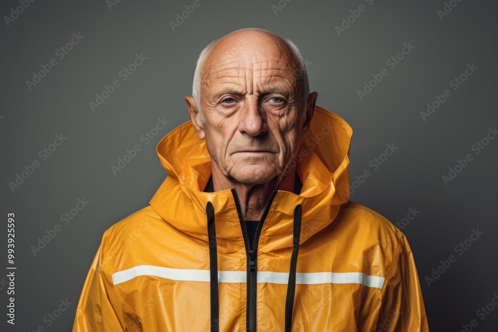 Portrait of a glad man in his 80s wearing a functional windbreaker over minimalist or empty room background Portrait of a glad man in his 80s wearing a functional windbreaker over minimalist or empty room background