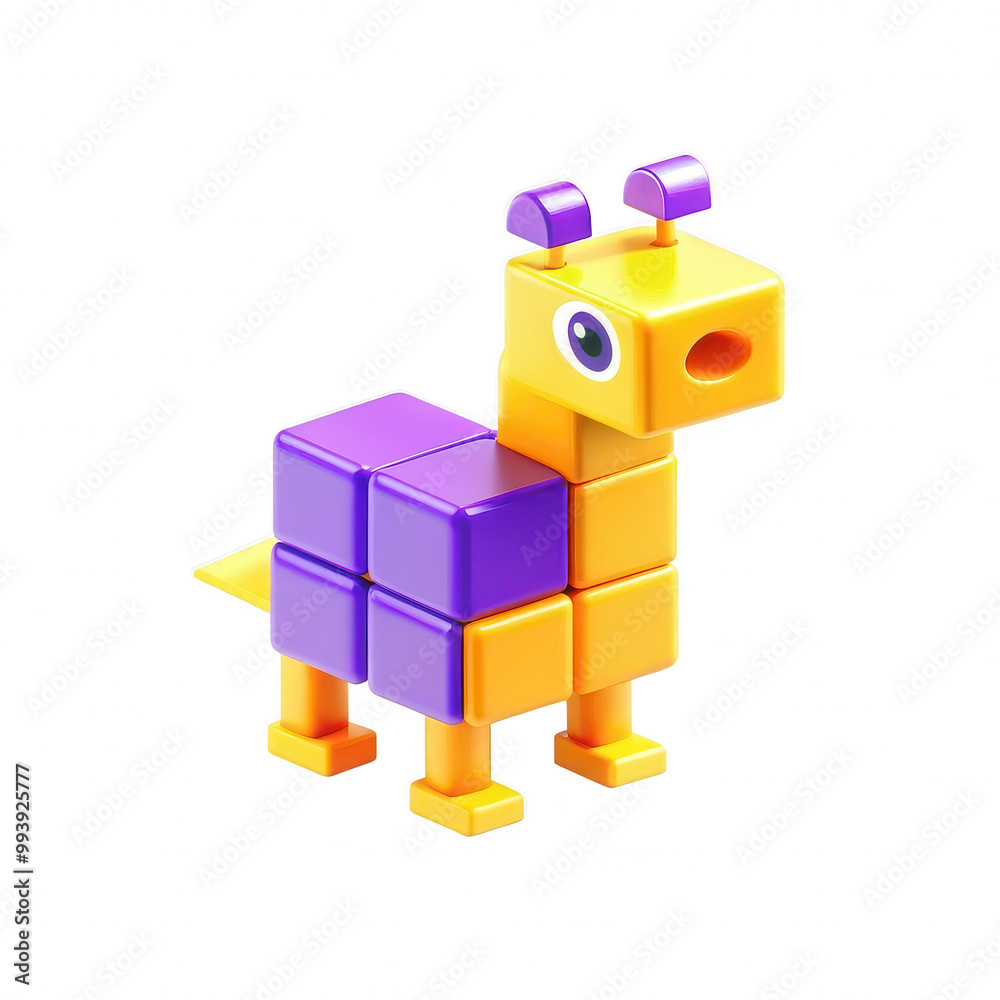 Fototapeta premium A vibrant 3D model of a snail toy made from yellow and purple blocks. It has friendly eyes and a playful design, perfect for children.