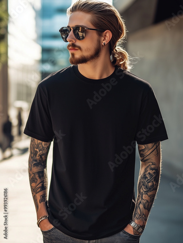 Metalhead Wearing Blank Black T-Shirt Mockup for Band Merchandise or Rock Apparel Design