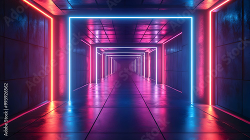 Neon Lights Hallway 3D Illustration