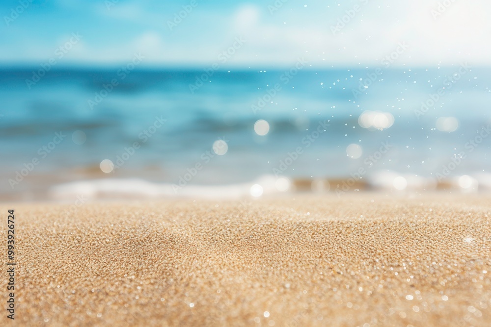 The scene offers a scenic view of a sandy beach, a crystal blue ocean, a sunny sky, and golden sparkles. Ideal for summer vacation concepts. Generative AI The scene offers a scenic view of a sandy beach, a crystal blue ocean, a sunny sky, and golden sparkles. Ideal for summer vacation concepts. Generative AI