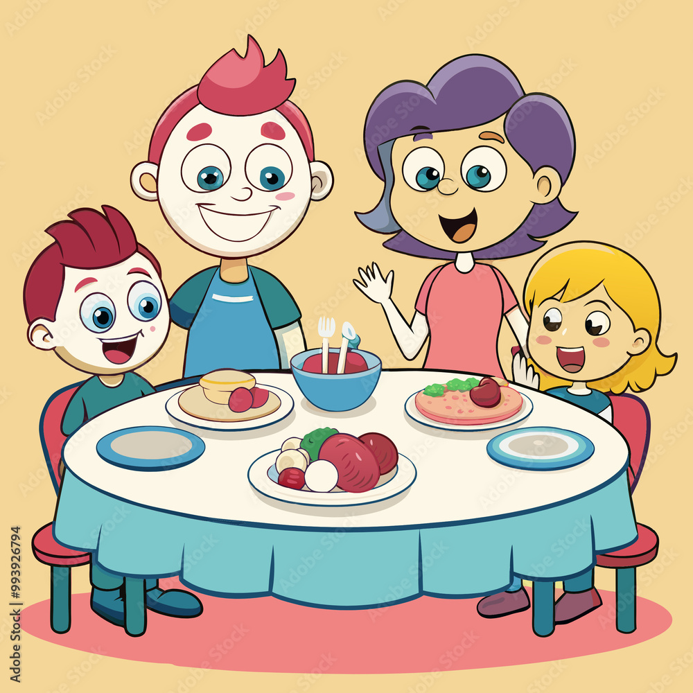 Happy cartoon family enjoying a meal together at the dining table with delicious food Happy cartoon family enjoying a meal together at the dining table with delicious food