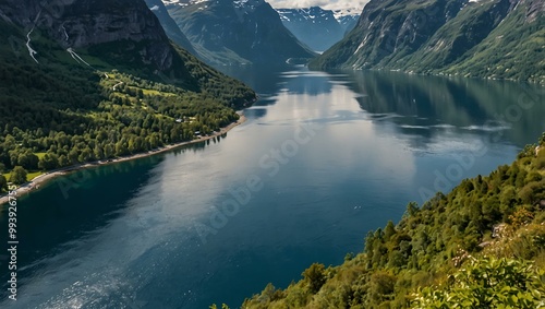 Stunning view of Geirangerfjord from the Ornesvingen viewpoint in Norway. photo