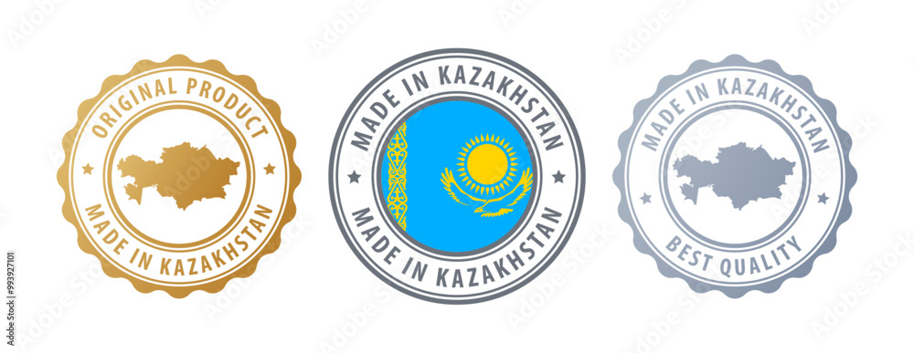 Kazakhstan - set of stamps with map and flag. Best quality. Original product. Vector illustration Kazakhstan - set of stamps with map and flag. Best quality. Original product. Vector illustration