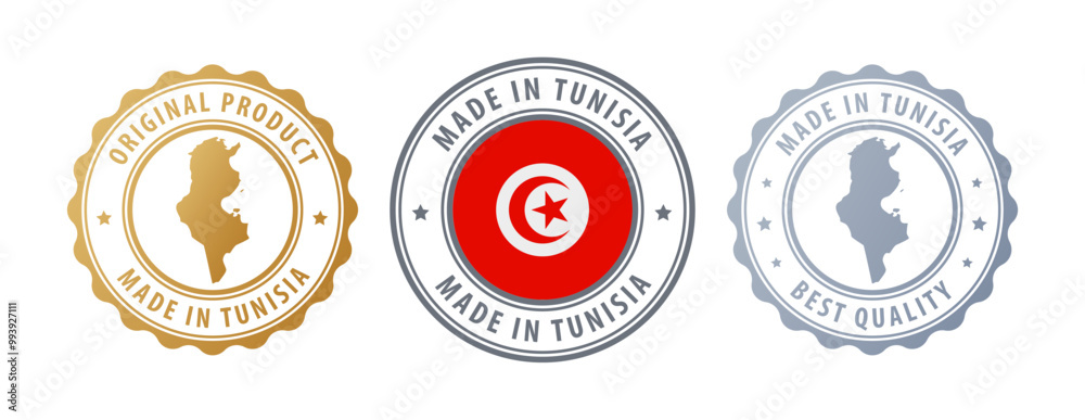 Tunisia - set of stamps with map and flag. Best quality. Original product. Vector illustration Tunisia - set of stamps with map and flag. Best quality. Original product. Vector illustration