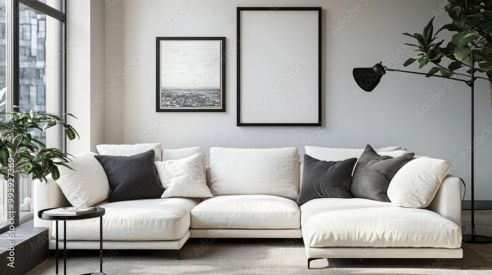 White corner sofa with pillows and black metal floor lamp near window against wall with art frame Scandinavian interior design of modern living room White corner sofa with pillows and black metal floor lamp near window against wall with art frame Scandinavian interior design of modern living room