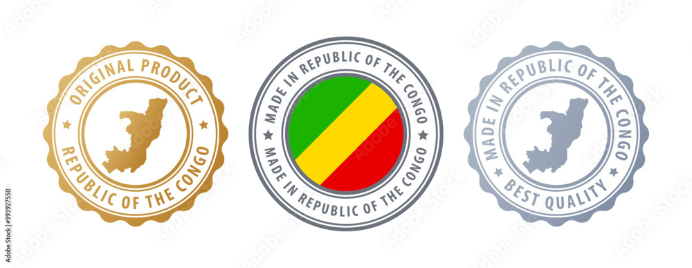 Republic of the Congo - set of stamps with map and flag. Best quality. Original product. Vector illustration Republic of the Congo - set of stamps with map and flag. Best quality. Original product. Vector illustration