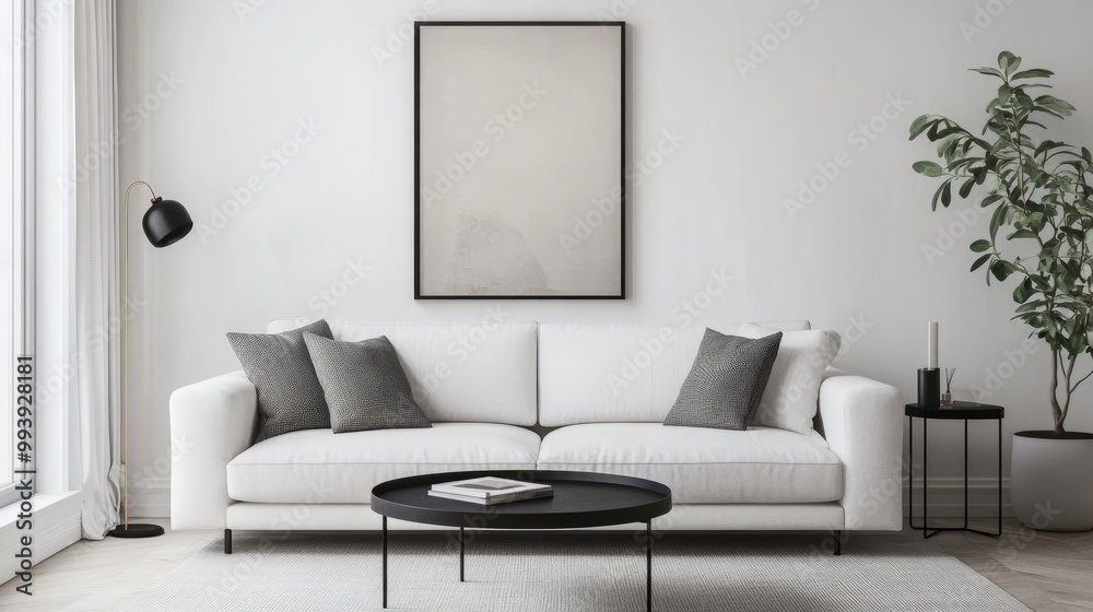 White sofa and black coffee table against white wall with art poster Scandinavian boho home interior design of modern living room White sofa and black coffee table against white wall with art poster Scandinavian boho home interior design of modern living room