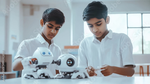 Obraz na płótnie two modern small indian students doing a robotic project. the students must wear white shirt, in classroom w salonie