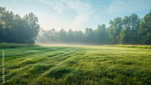 Early morning light filters through trees illuminating dew-covered grass in a tranquil green meadow suggesting new landscape background, generative ai