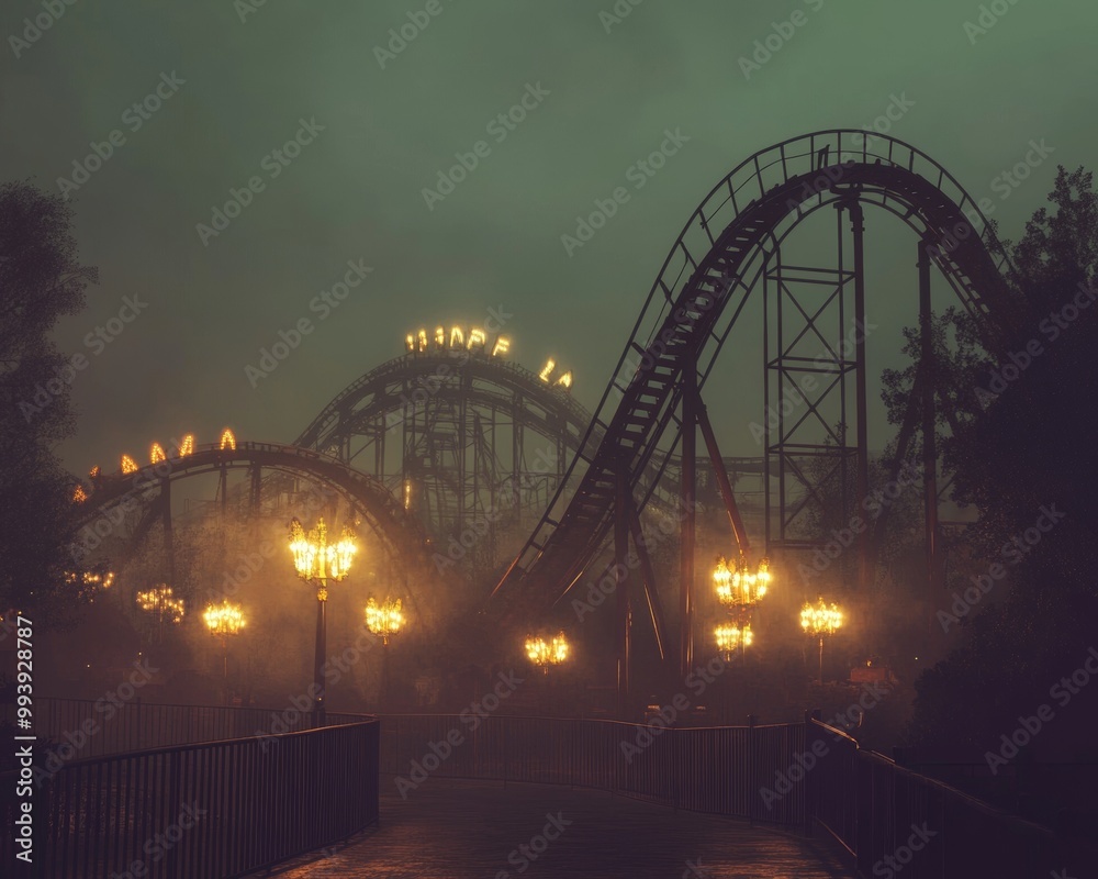 Fototapeta premium Haunted American amusement park roller coasters shrouded in fog