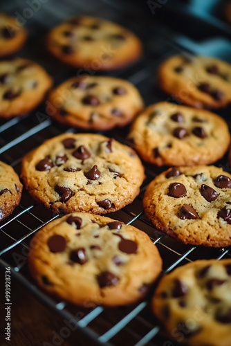 Close-up of Freshly Baked Chocolate Chip Cookies on a Cooling Rack.