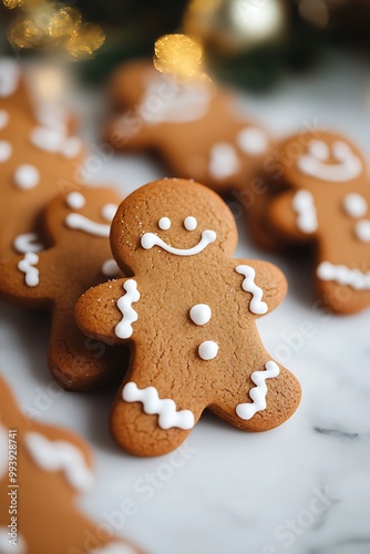 Close-up of a Gingerbread Man Cookie with White Icing on a Marble Surface.