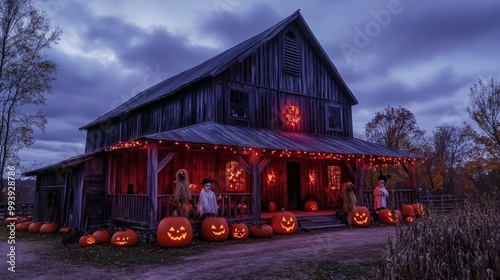 Haunted American barn decorated for Halloween eerie lights flickering from the windows photo