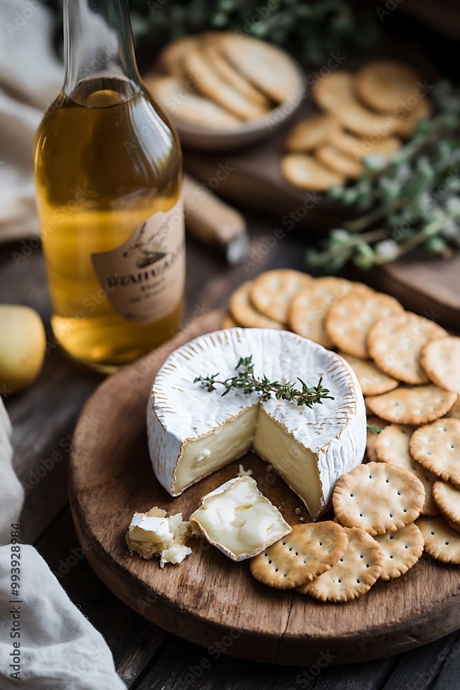 Brie cheese with crackers and apple cider on wooden board. Brie cheese with crackers and apple cider on wooden board.