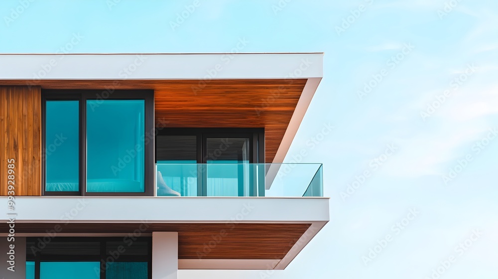Minimalist Modern Residential Building with Wooden Facade and Glass Balconies under Bright Sky Minimalist Modern Residential Building with Wooden Facade and Glass Balconies under Bright Sky