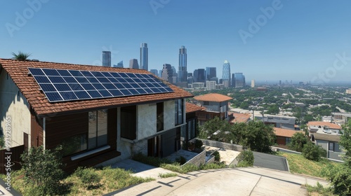 Wallpaper Mural Eco-friendly suburban house with solar panels and city skyline in the background Torontodigital.ca