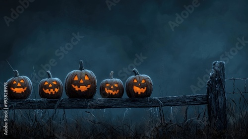 Five spooky jack-o'-lanterns on a rustic fence, illuminated against a dark night sky. photo