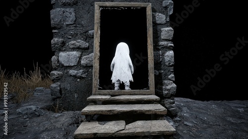 Ghostly figure in a stone doorway against a dark background. photo