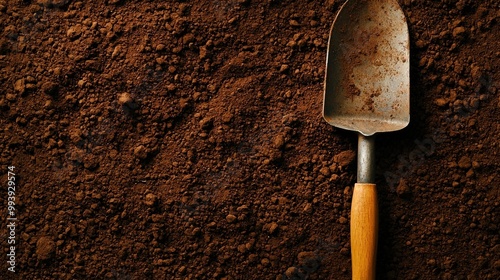 Garden shovel on rich brown soil, top view, isolated on white background. photo