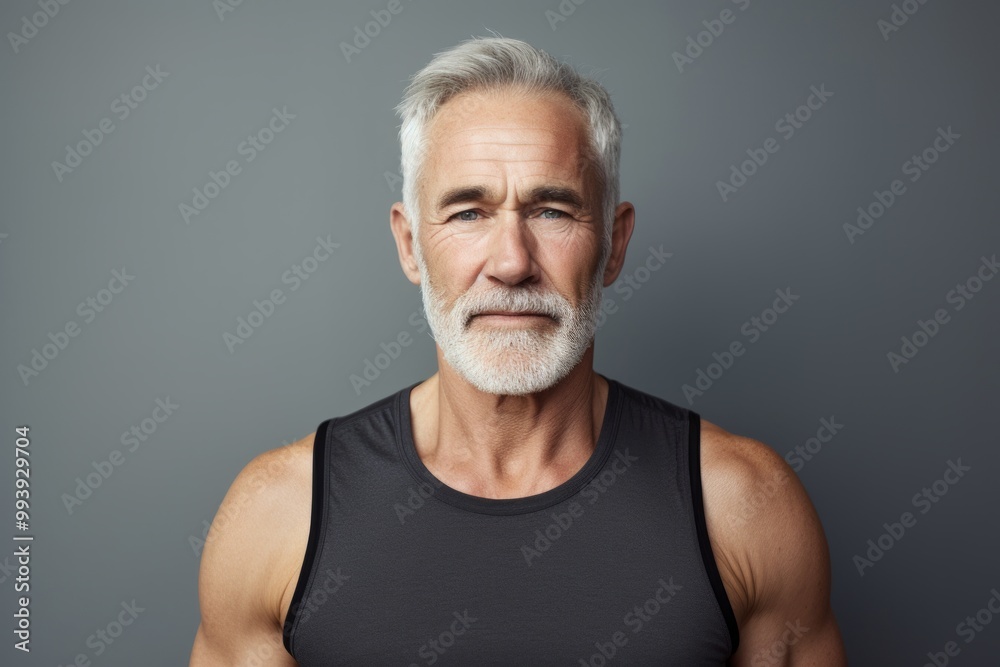Portrait of a content man in his 60s wearing a lightweight running vest while standing against minimalist or empty room background Portrait of a content man in his 60s wearing a lightweight running vest while standing against minimalist or empty room background