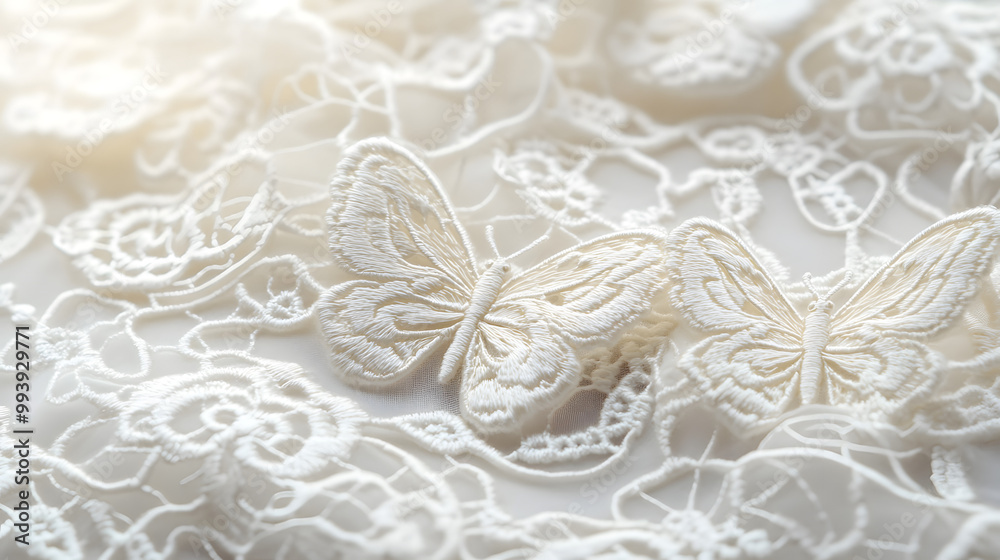 Ivory Lace with Butterfly Motifs and Netted Background Ivory Lace with Butterfly Motifs and Netted Background