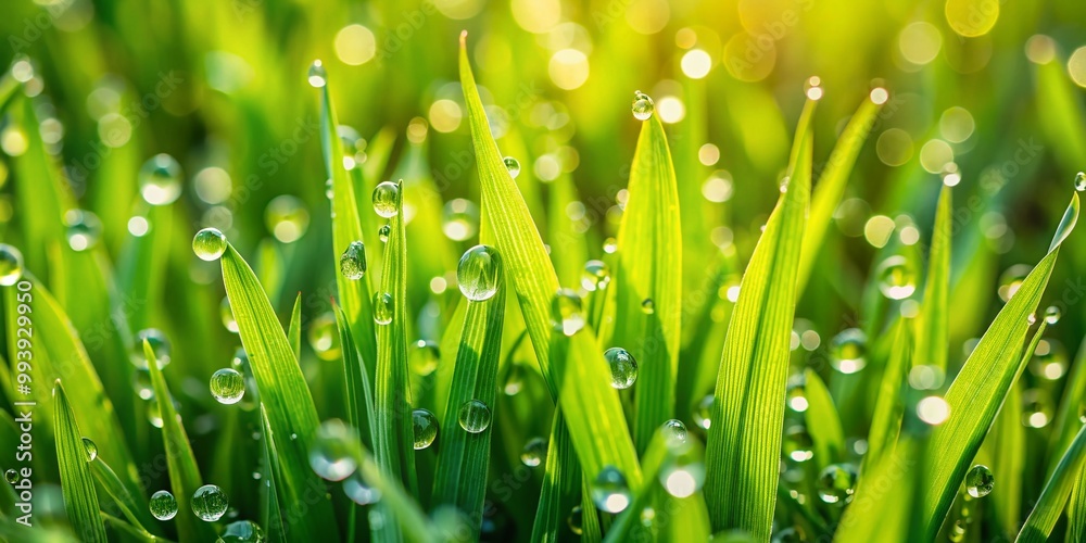 Fototapeta premium Close-Up Texture of Fresh Green Grass with Dew Drops for Nature and Landscape Backgrounds and Designs