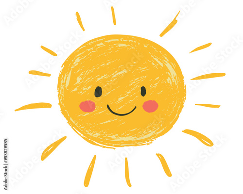 Cheerful sun shining brightly with a big smile. Child's drawing of a hand drawn smiling sun. Vector illustration on white background