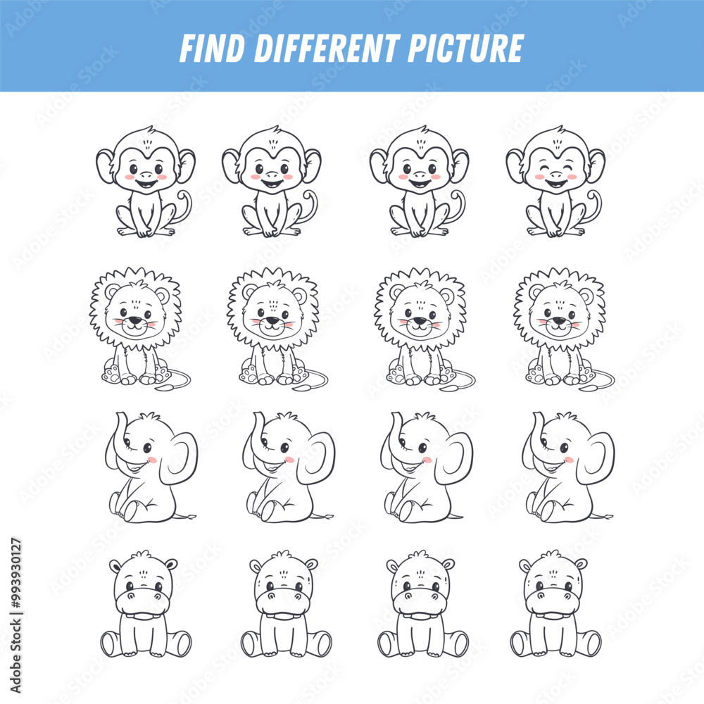 Find different animal in each row. Logical game for kids. Cartoon lion, monkey, elephant, hippo. Vector illustration Find different animal in each row. Logical game for kids. Cartoon lion, monkey, elephant, hippo. Vector illustration