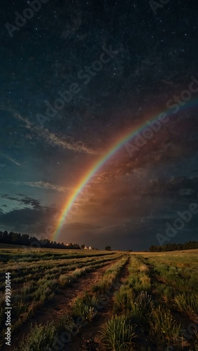 Surreal night landscape with a luminous lunar rainbow.