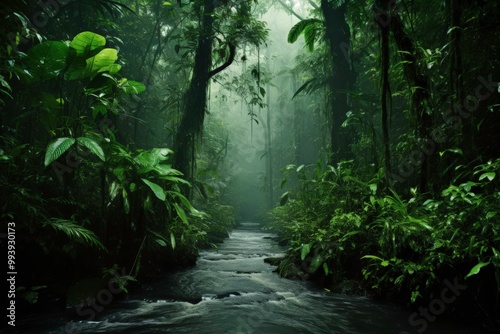 A river winds through the lush green jungle. Rocks and plants surround the river. The scene is peaceful and serene, with the sound of water. Generative AI