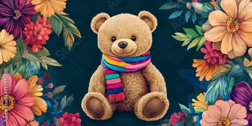 A charming teddy bear sits with a colorful scarf among beautiful flowers. The image radiates warmth and joy. Perfect for childrens decor or gifts. A delightful scene of comfort. AI