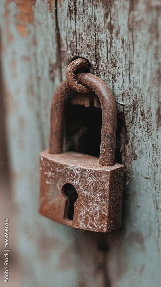 Rusty Padlock on Weathered Wooden Door Rusty Padlock on Weathered Wooden Door
