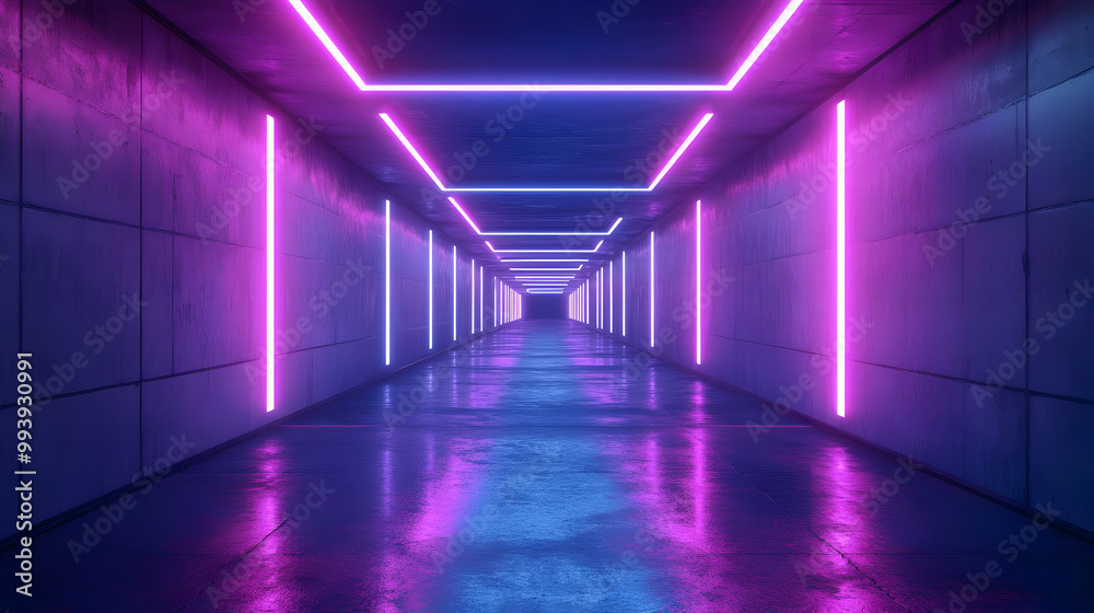 Neon Lights in a Concrete Corridor - 3D Illustration Neon Lights in a Concrete Corridor - 3D Illustration
