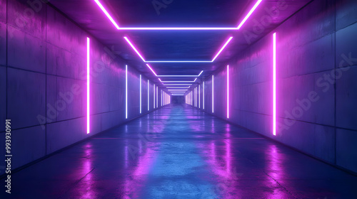 Neon Lights in a Concrete Corridor - 3D Illustration